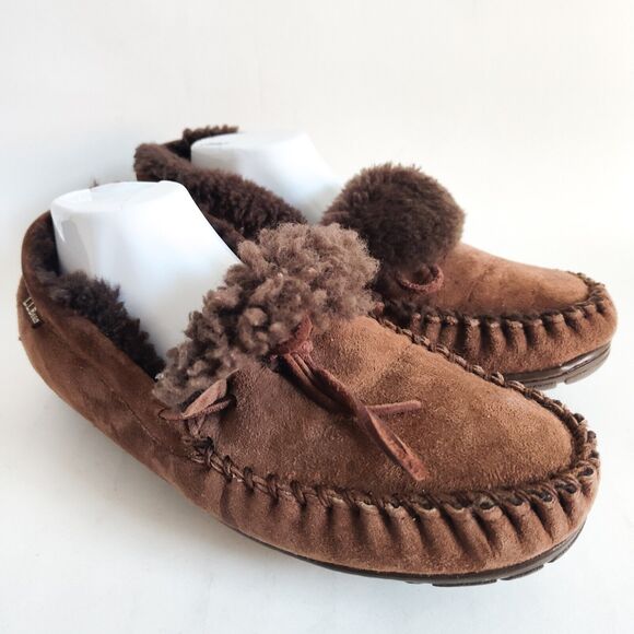 LL Bean Brown Suede Leather Fur Lined Slippers Shoes Mens Size 10 Comfort Warm - Picture 1 of 10